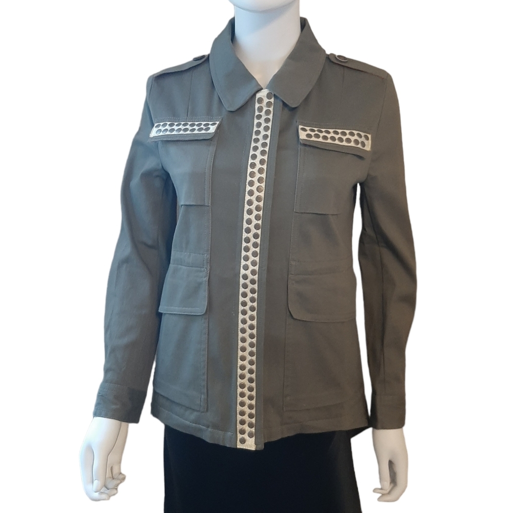 SWEET RAIN Green Utility Jacket Stretch Cotton Twill w/Metallic Trim Sz S